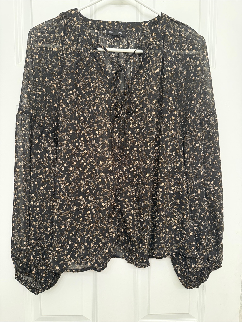 Blu Pepper Black Floral Tie-Front Sheer Blouse